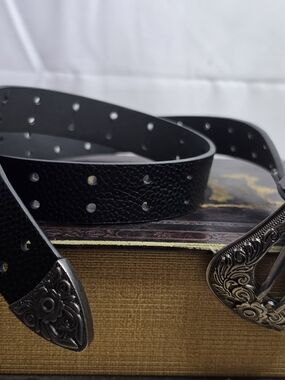 Black Double-Row Hole Western Leather Belt with Ornate Silver Buckle